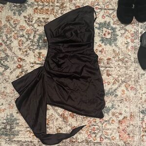 One-Shoulder Black Satin Evening Dress